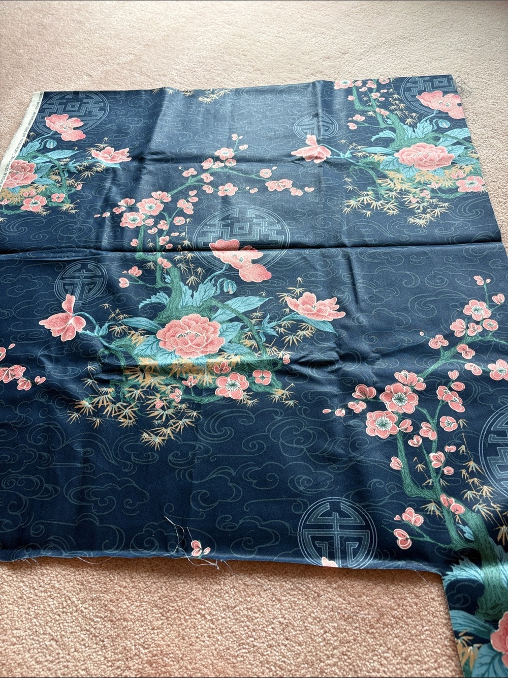 Dark Navy Floral Fabric with Pink Peony Motif for DIY Project